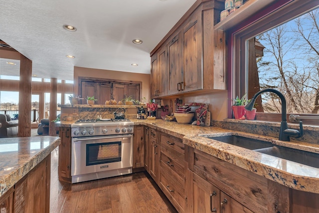 kitchen featuring a sink, recessed lighting, high end stainless steel range oven, and dark wood-type flooring