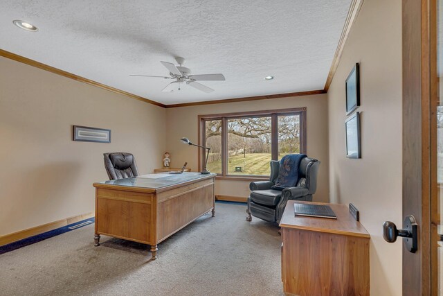 office featuring recessed lighting, light colored carpet, ornamental molding, baseboards, and a ceiling fan