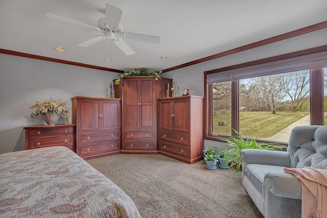 bedroom featuring recessed lighting, carpet, a ceiling fan, and ornamental molding