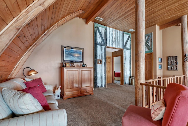 living room with carpet flooring, wooden ceiling, and lofted ceiling with beams