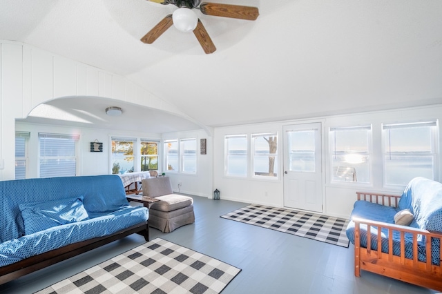 884 White Clover Beach Rd, Detroit Lakes, MN 56501 - living area featuring a ceiling fan, vaulted ceiling, and wood finished floors