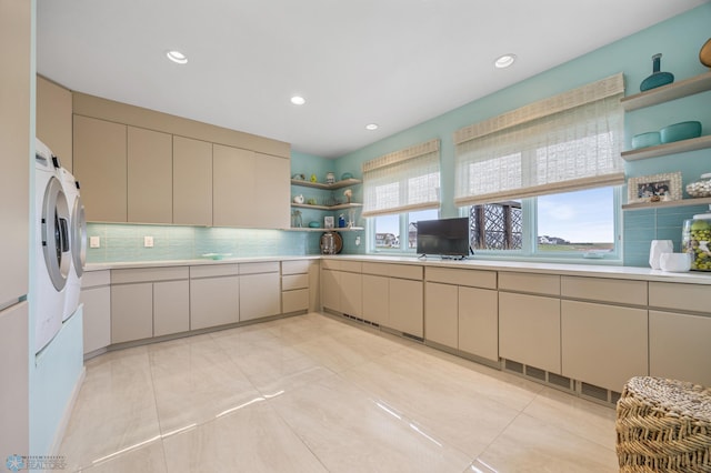 505 Tessa Dr, Moorhead, MN 56560 - kitchen with recessed lighting, visible vents, open shelves, decorative backsplash, and light countertops