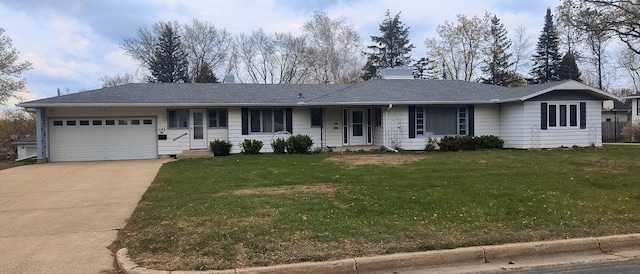 ranch-style home with an attached garage, concrete driveway, a front lawn, and a chimney