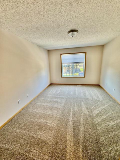 carpeted spare room featuring baseboards and a textured ceiling