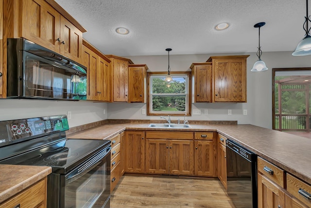 103 Grandview Ct, Buffalo, MN 55313 - kitchen featuring black appliances, a sink, brown cabinets, light wood-type flooring, and a textured ceiling
