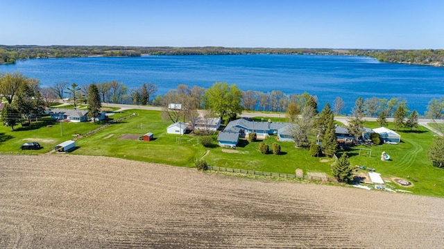 bird's eye view with a water view