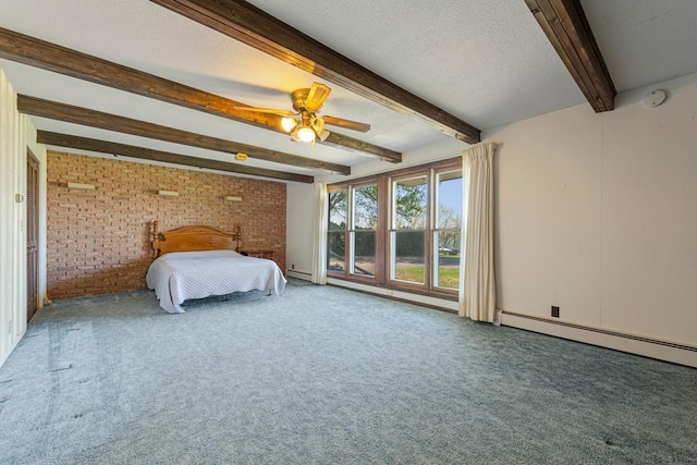 bedroom featuring carpet, beam ceiling, brick wall, a textured ceiling, and a baseboard radiator