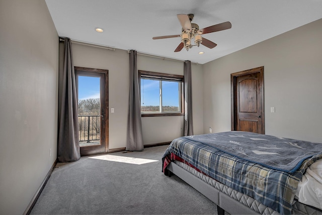 carpeted bedroom with baseboards, recessed lighting, a ceiling fan, and access to exterior