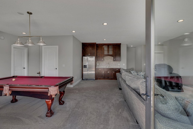 rec room featuring billiards, baseboards, recessed lighting, and light colored carpet