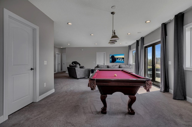 playroom featuring carpet flooring, pool table, baseboards, and recessed lighting
