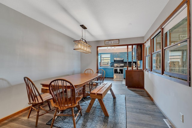 dining room with visible vents, baseboards, and dark wood-style flooring