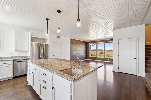 2724 Neal Ave N, West Lakeland Twp, MN 55082 - kitchen with stainless steel appliances, a sink, a kitchen island with sink, dark wood-style flooring, and wood ceiling