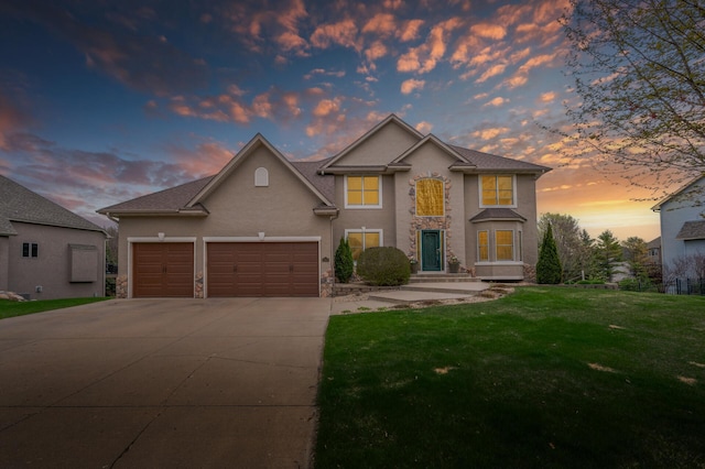 2469 Tournament Players Cir S, Blaine, MN 55449 - traditional-style home featuring a front lawn, stone siding, stucco siding, an attached garage, and driveway