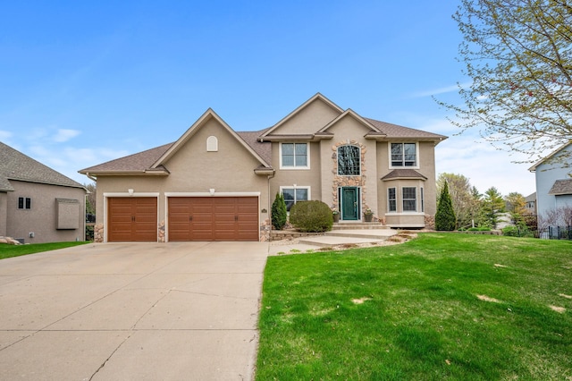 2469 Tournament Players Cir S, Blaine, MN 55449 - view of front of home featuring an attached garage, stone siding, stucco siding, a front yard, and concrete driveway