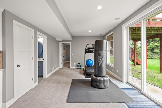 2469 Tournament Players Cir S, Blaine, MN 55449 - workout area with recessed lighting, baseboards, light colored carpet, and a healthy amount of sunlight