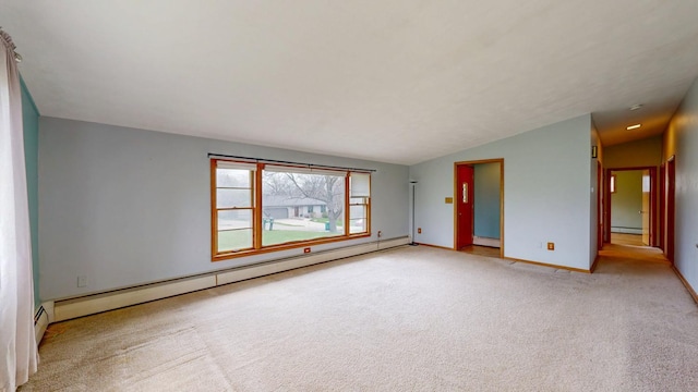 empty room featuring baseboard heating, light colored carpet, a baseboard heating unit, baseboards, and lofted ceiling