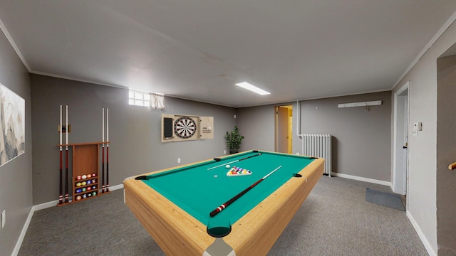 rec room with radiator heating unit, carpet floors, billiards table, and baseboards