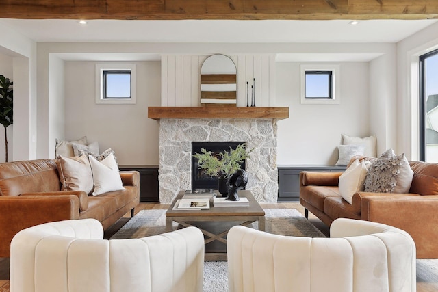 9511 Eagle Ridge Rd, Chanhassen, MN 55317 - living room with light wood-style flooring, a fireplace, beamed ceiling, and recessed lighting