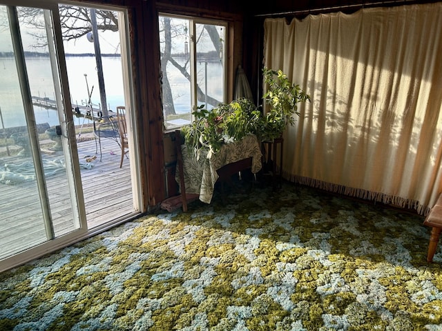 interior space with a water view