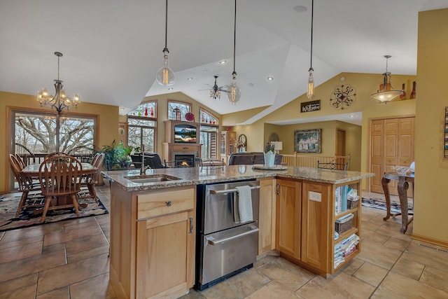 26182 Jericho Rd, Saint Joseph Twp, MN 56301 - kitchen with stainless steel dishwasher, a ceiling fan, open floor plan, a chandelier, and open shelves