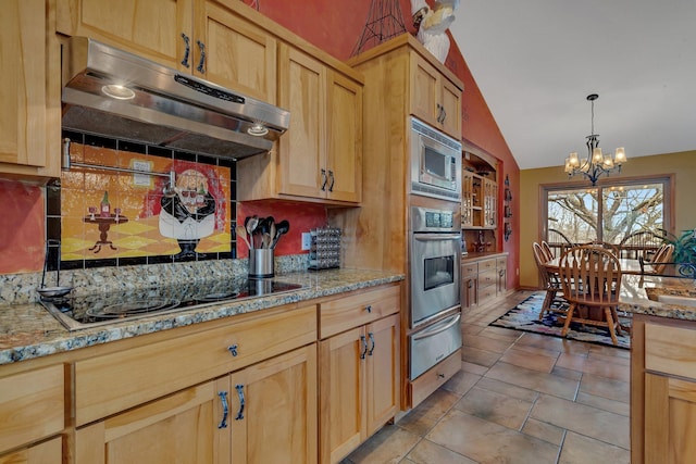 26182 Jericho Rd, Saint Joseph Twp, MN 56301 - kitchen with appliances with stainless steel finishes, under cabinet range hood, a warming drawer, backsplash, and a chandelier