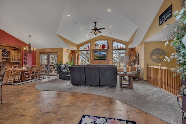 26182 Jericho Rd, Saint Joseph Twp, MN 56301 - living room with lofted ceiling, a ceiling fan, a chandelier, and recessed lighting