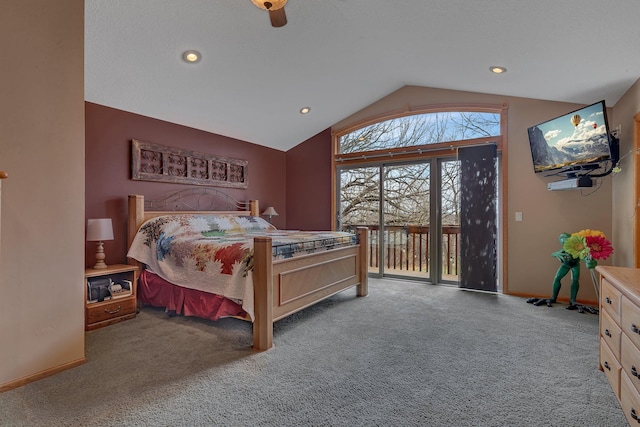 26182 Jericho Rd, Saint Joseph Twp, MN 56301 - carpeted bedroom featuring access to outside, lofted ceiling, baseboards, and recessed lighting