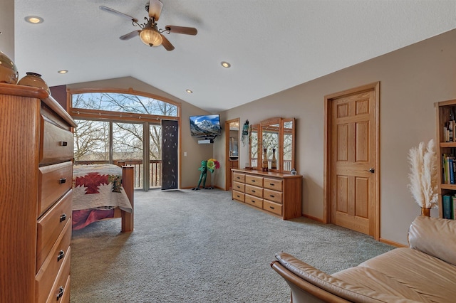 26182 Jericho Rd, Saint Joseph Twp, MN 56301 - bedroom with light colored carpet, access to outside, vaulted ceiling, baseboards, and ceiling fan
