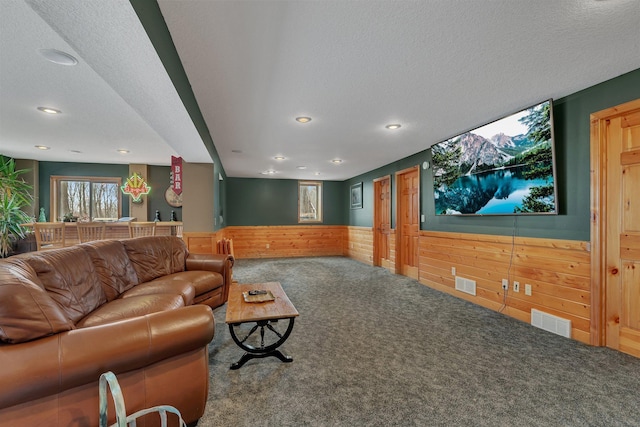 26182 Jericho Rd, Saint Joseph Twp, MN 56301 - carpeted cinema room with wainscoting, recessed lighting, a textured ceiling, and wood walls