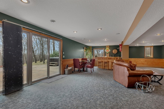 26182 Jericho Rd, Saint Joseph Twp, MN 56301 - carpeted living room featuring wainscoting, a textured ceiling, wood walls, recessed lighting, and healthy amount of natural light