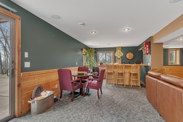 26182 Jericho Rd, Saint Joseph Twp, MN 56301 - dining area with bar with sink, carpet floors, a wainscoted wall, wooden walls, and a textured ceiling