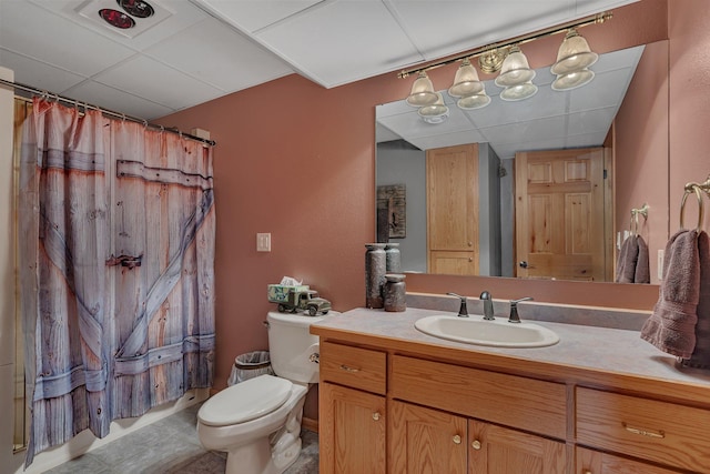 26182 Jericho Rd, Saint Joseph Twp, MN 56301 - bathroom featuring vanity, toilet, a paneled ceiling, a shower with curtain, and tile patterned floors