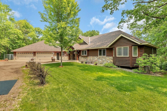 26182 Jericho Rd, Saint Joseph Twp, MN 56301 - log home featuring concrete driveway, faux log siding, a front yard, a shingled roof, and stone siding