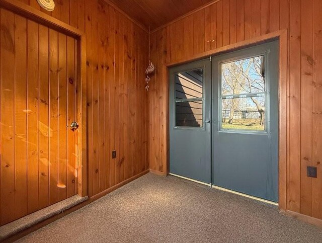 1254 State St, Fairmont, MN 56031 - doorway with wood ceiling, wooden walls, and carpet