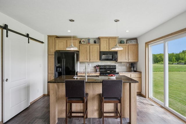 18394 145th Ave, Milaca, MN 56353 - kitchen featuring black appliances, a barn door, a center island with sink, dark wood-type flooring, and a sink