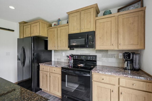 18394 145th Ave, Milaca, MN 56353 - kitchen featuring black appliances, light brown cabinets, backsplash, dark stone counters, and recessed lighting