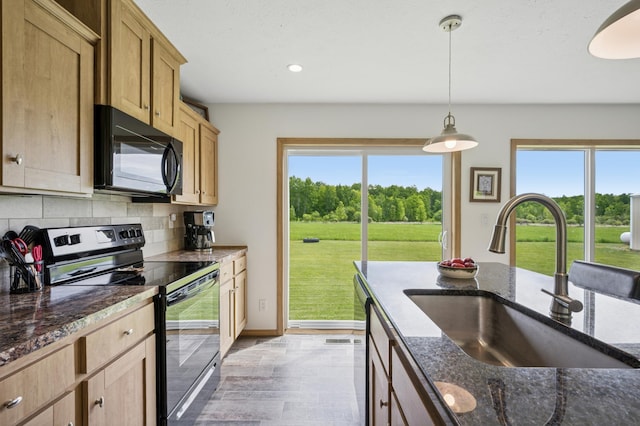 18394 145th Ave, Milaca, MN 56353 - kitchen featuring black appliances, a sink, decorative backsplash, plenty of natural light, and recessed lighting