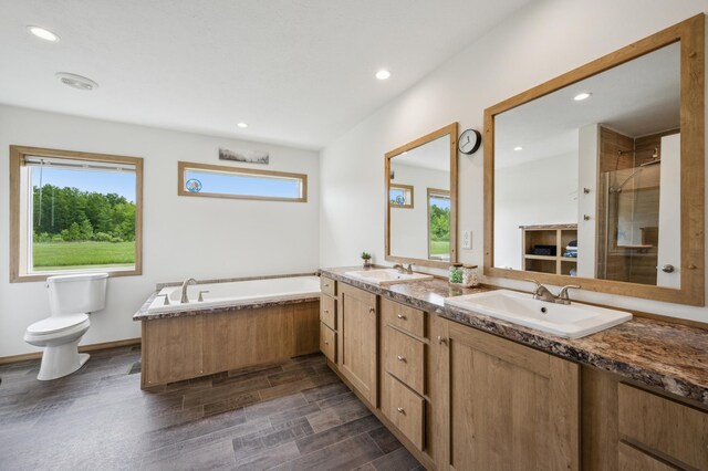 18394 145th Ave, Milaca, MN 56353 - bathroom featuring double vanity, healthy amount of natural light, a garden tub, a stall shower, and recessed lighting
