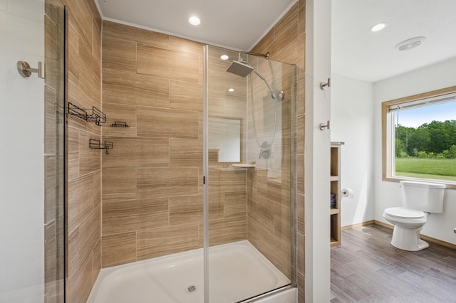 18394 145th Ave, Milaca, MN 56353 - full bathroom featuring a stall shower, toilet, recessed lighting, wood finished floors, and baseboards