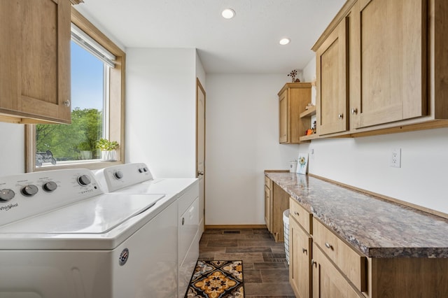 18394 145th Ave, Milaca, MN 56353 - laundry area featuring washing machine and clothes dryer, cabinet space, recessed lighting, wood tiled floors, and baseboards