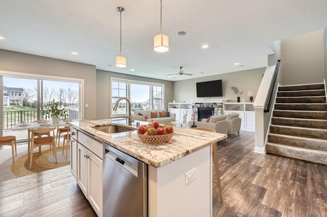 kitchen with a sink, stainless steel dishwasher, dark wood-style floors, and a stone fireplace