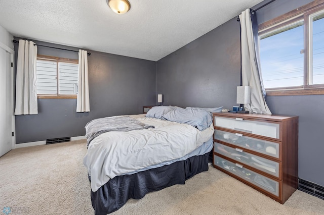 bedroom featuring carpet floors, a textured ceiling, and baseboards