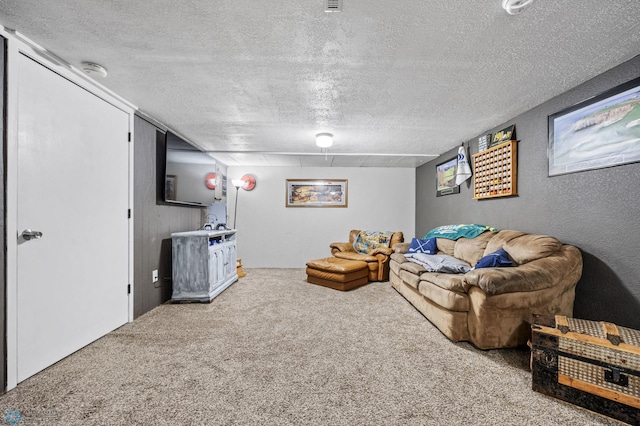 living area with carpet and a textured ceiling