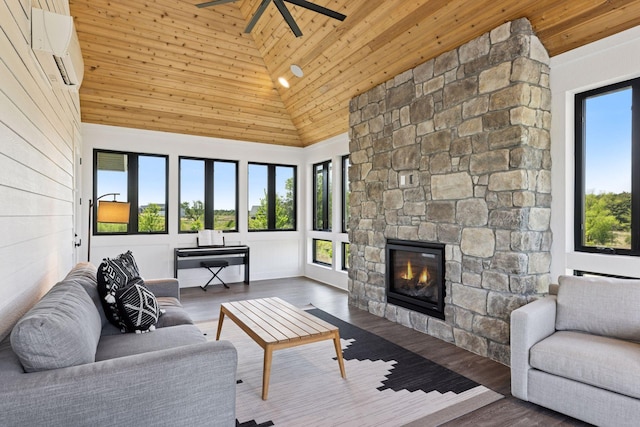 7450 73rd Ct N, Grant, MN 55082 - living room featuring a wall mounted air conditioner, ceiling fan, high vaulted ceiling, wood ceiling, and a fireplace