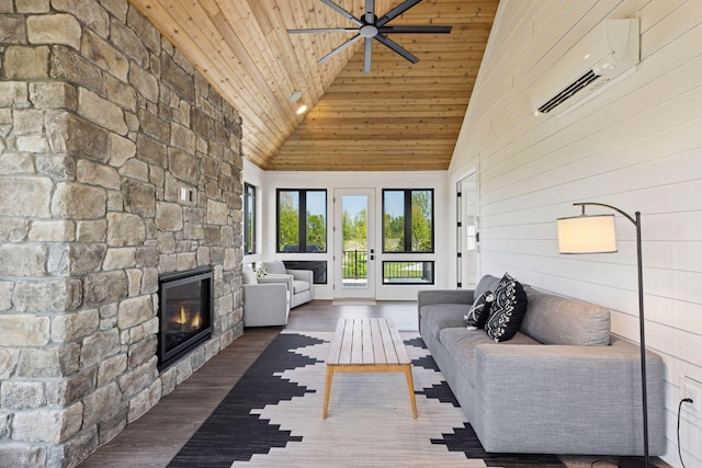 7450 73rd Ct N, Grant, MN 55082 - living room featuring a wall unit AC, high vaulted ceiling, wood ceiling, a fireplace, and wood finished floors