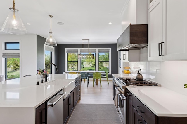 7450 73rd Ct N, Grant, MN 55082 - kitchen featuring appliances with stainless steel finishes, light countertops, wall chimney range hood, a sink, and healthy amount of natural light