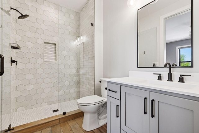 7450 73rd Ct N, Grant, MN 55082 - bathroom with wood finished floors, a shower stall, vanity, and toilet