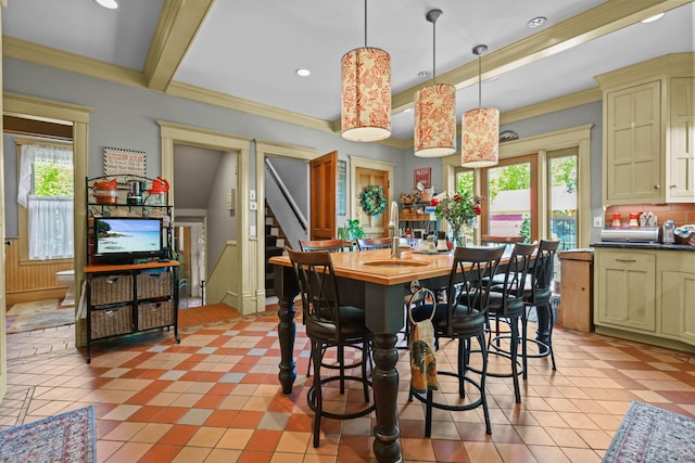 3375 Stark Rd NE, Cambridge Twp, MN 55008 - dining space with stairs, light tile patterned floors, ornamental molding, and recessed lighting