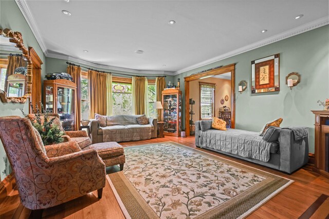 3375 Stark Rd NE, Cambridge Twp, MN 55008 - living room with crown molding, wood finished floors, and recessed lighting
