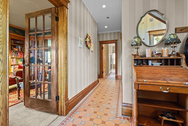 3375 Stark Rd NE, Cambridge Twp, MN 55008 - hall featuring wallpapered walls, ornamental molding, and recessed lighting